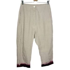 Gilda Midani Beige Linen Cropped Burgundy Bordeaux Dye Dip Tailor Pants - XS